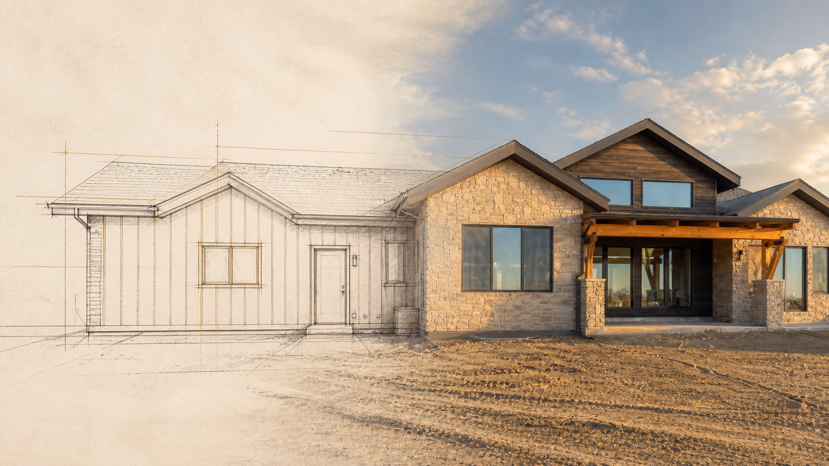 A NoCO exterior transitioning from architectural drawing into construction-stage photography