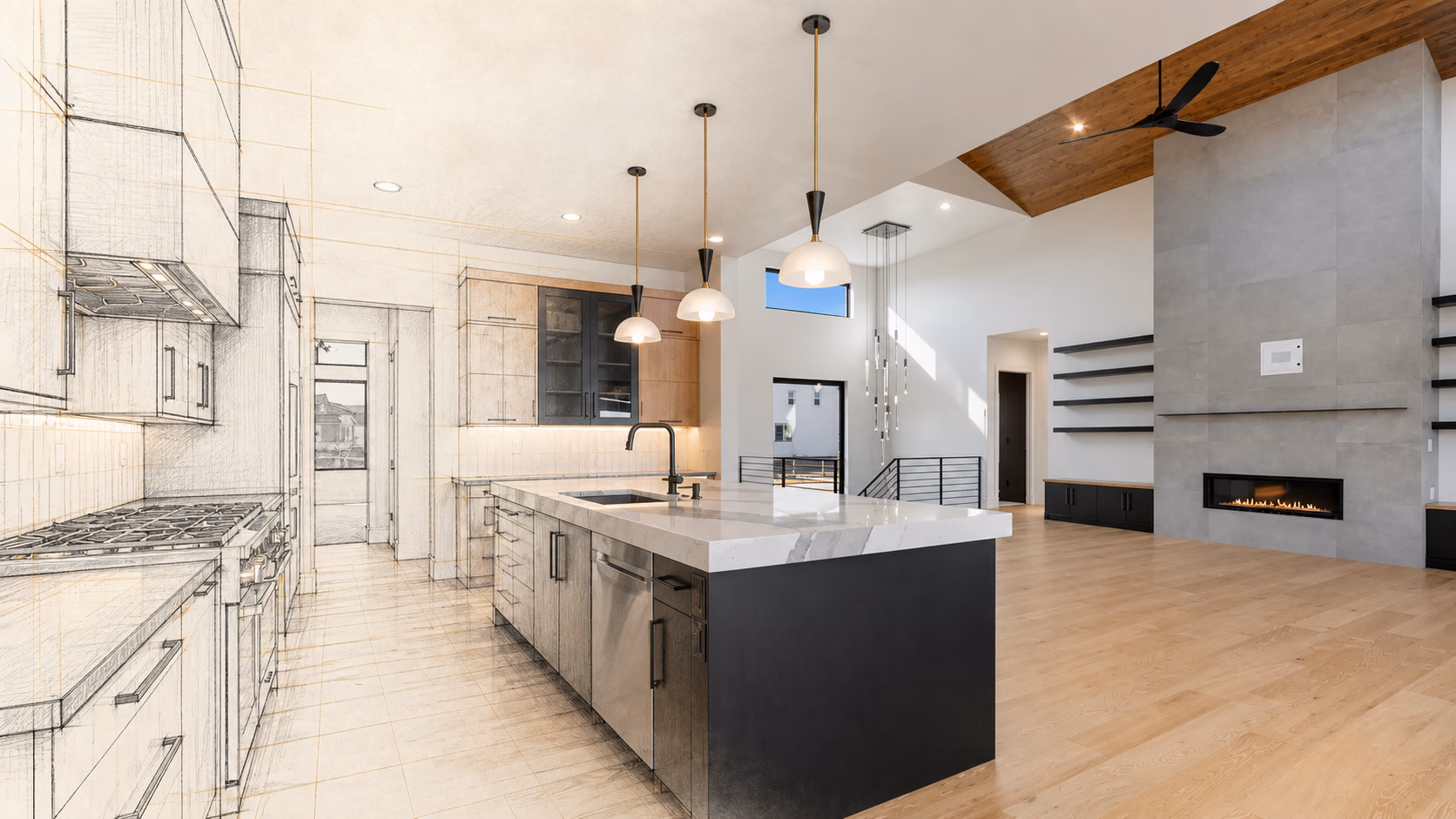 A NoCO great room transitioning from interior drafting into the completed space
